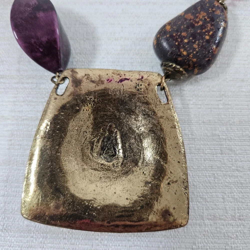 Boho Chunky Bead Statement Necklace Hammered Brass Spiral Pendant Purple Amber